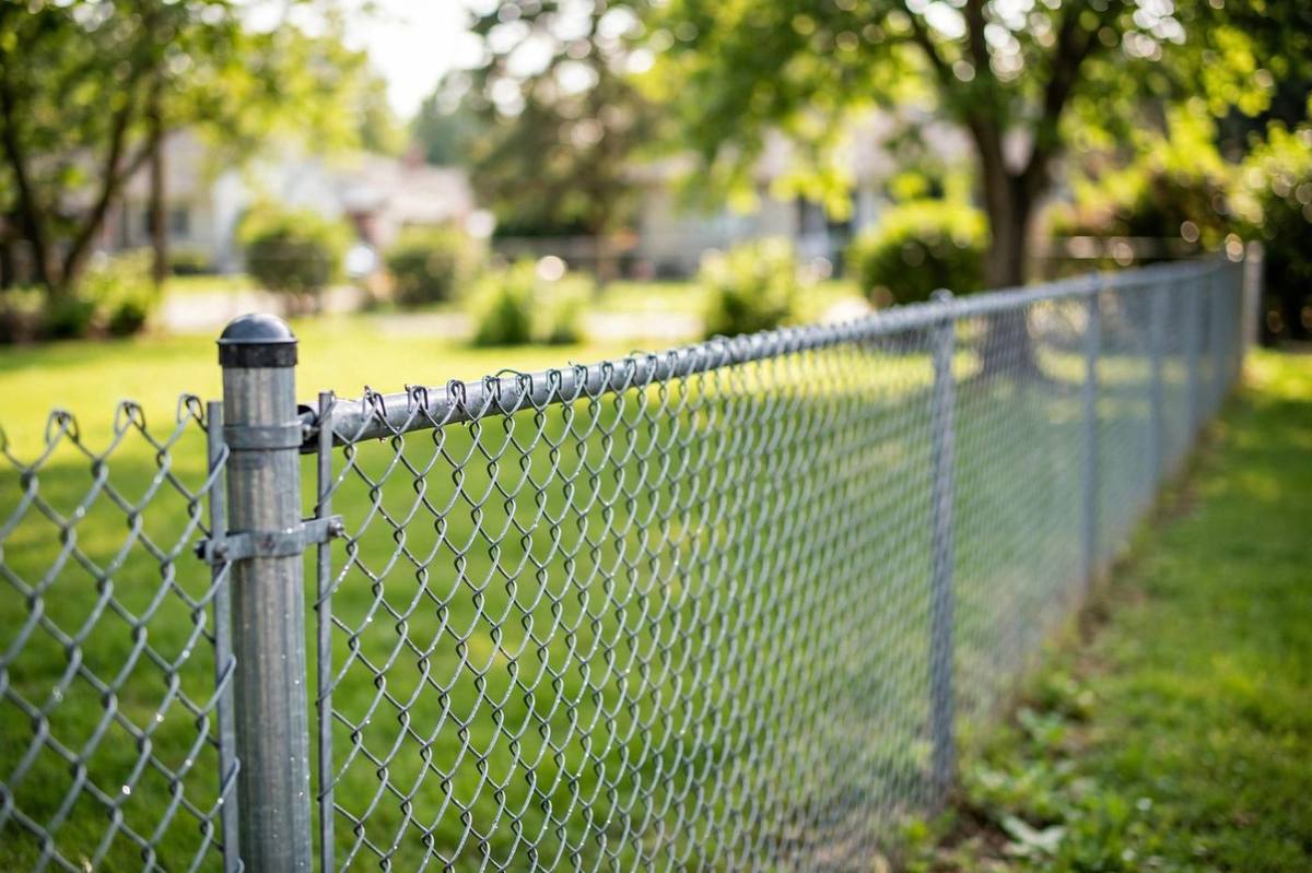 Galvanized chain-link fence along a suburban backyard